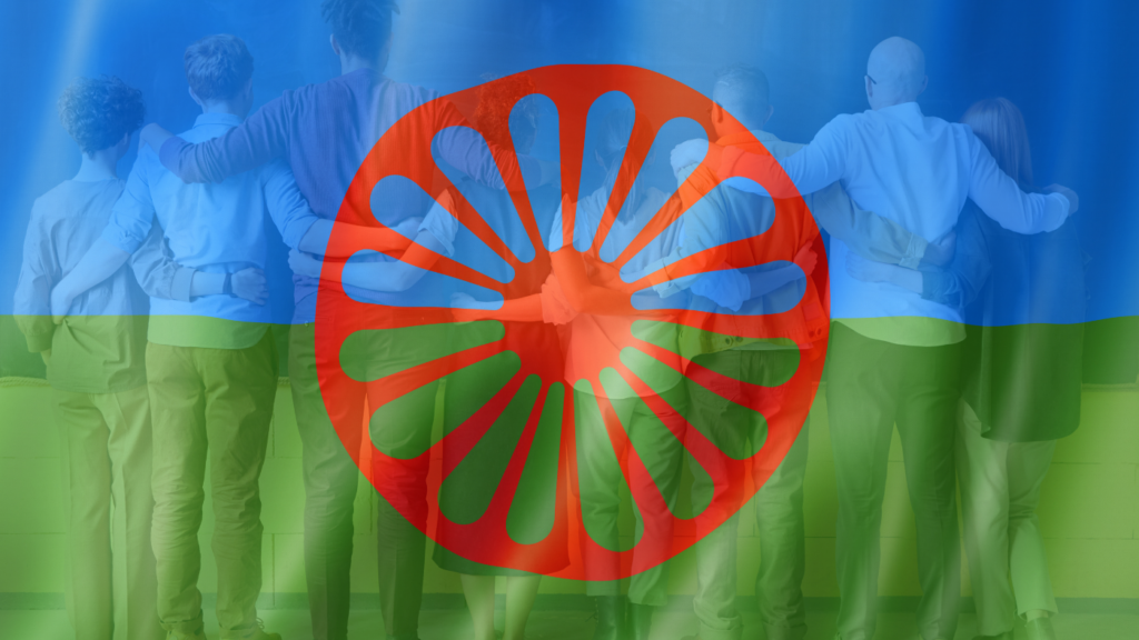 Romani flag, a red wheel and a blue and green stripe as a background