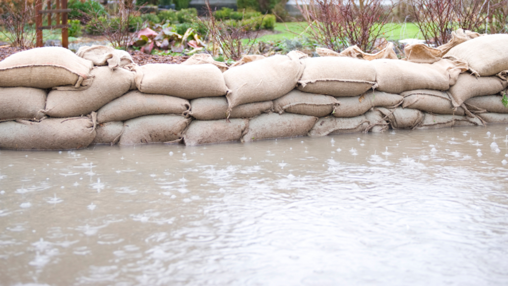 stacks of sacks to prevent further flooding next to an area flooded with brown water